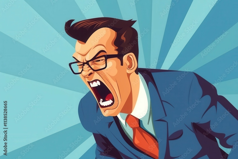 Stylized illustration of angry caucasian male adult in business suit shouting.