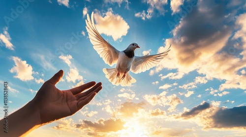 Wallpaper Mural Hand Releasing Dove into Sky with Sunlight and Clouds at Dusk Torontodigital.ca