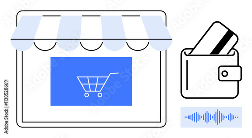 Digital storefront with shopping cart image, wallet holding a credit card, and audio waveform. Ideal for e-commerce, online payments, digital transactions, retail innovation, fintech services