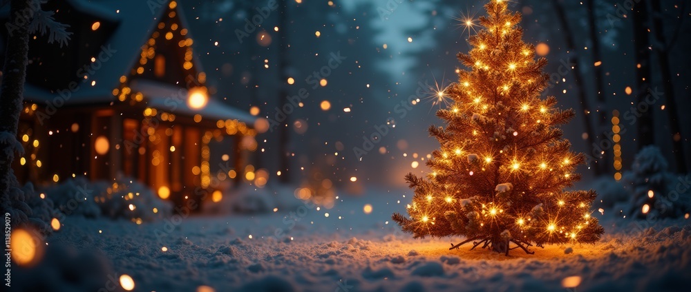 Obraz premium Glowing Christmas tree with lights in snowy winter wonderland