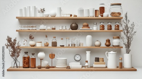 Modern Minimalist Shelving Display Featuring White Ceramics, Glass Containers, Natural Elements, and Various Decorative Items in a Stylish Arrangement