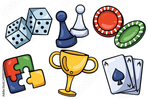 Set of Hand drawn board game element. collection of dice, chess, chips, puzzle, trophy, card Isolated Vector