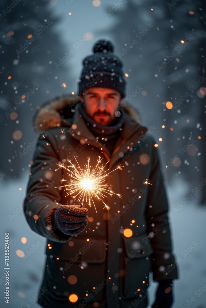 Fototapeta premium Man Holding Sparkler in Snowy Winter Forest Scene