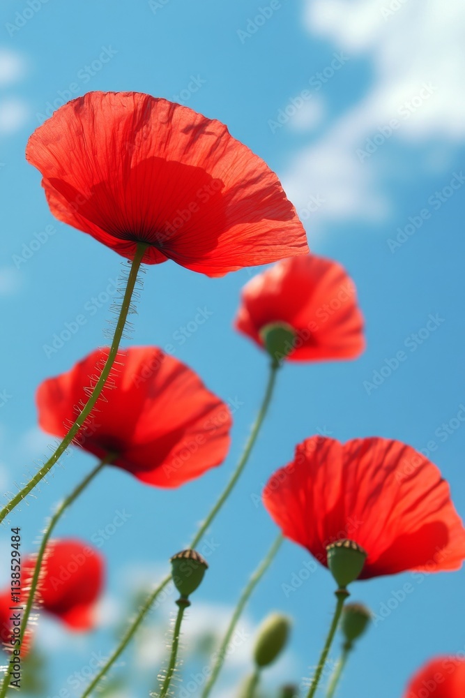 Obraz premium Bright red poppies bloom against a blue sky in a serene natural setting during springtime