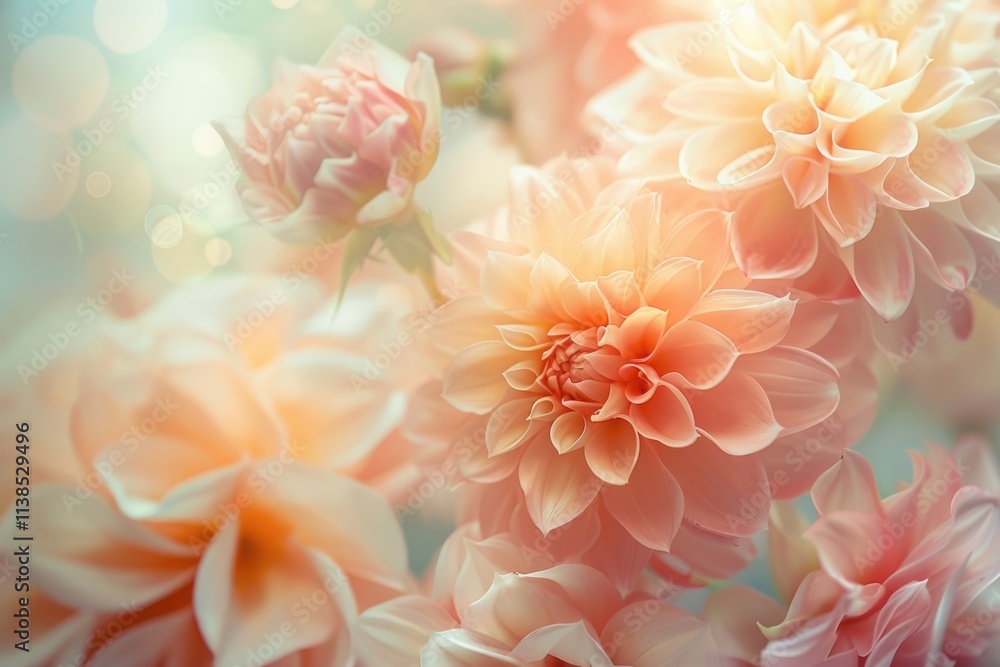 Peach Pink Blossoms: Delicate Rose and Dahlia Blooming in Festive Summer Background Peach Pink Blossoms: Delicate Rose and Dahlia Blooming in Festive Summer Background