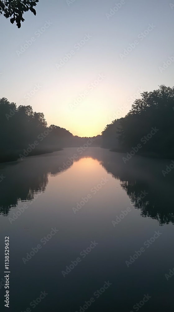 Fototapeta premium Serene Early Morning Reflection on Calm Water with Fog Rising in a Tranquil Forest Landscape at Dawn