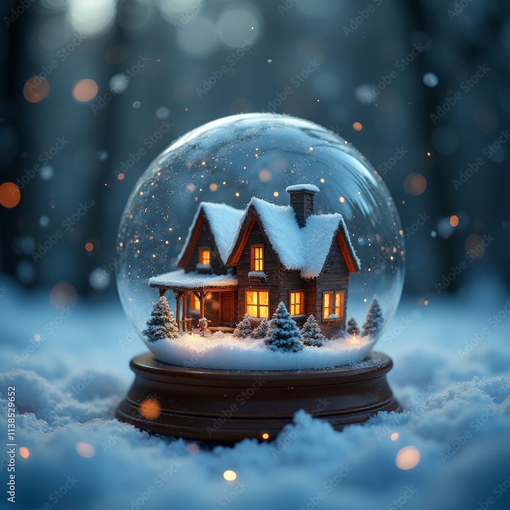Festive Christmas snow globe with cozy cabin in winter snow Festive Christmas snow globe with cozy cabin in winter snow