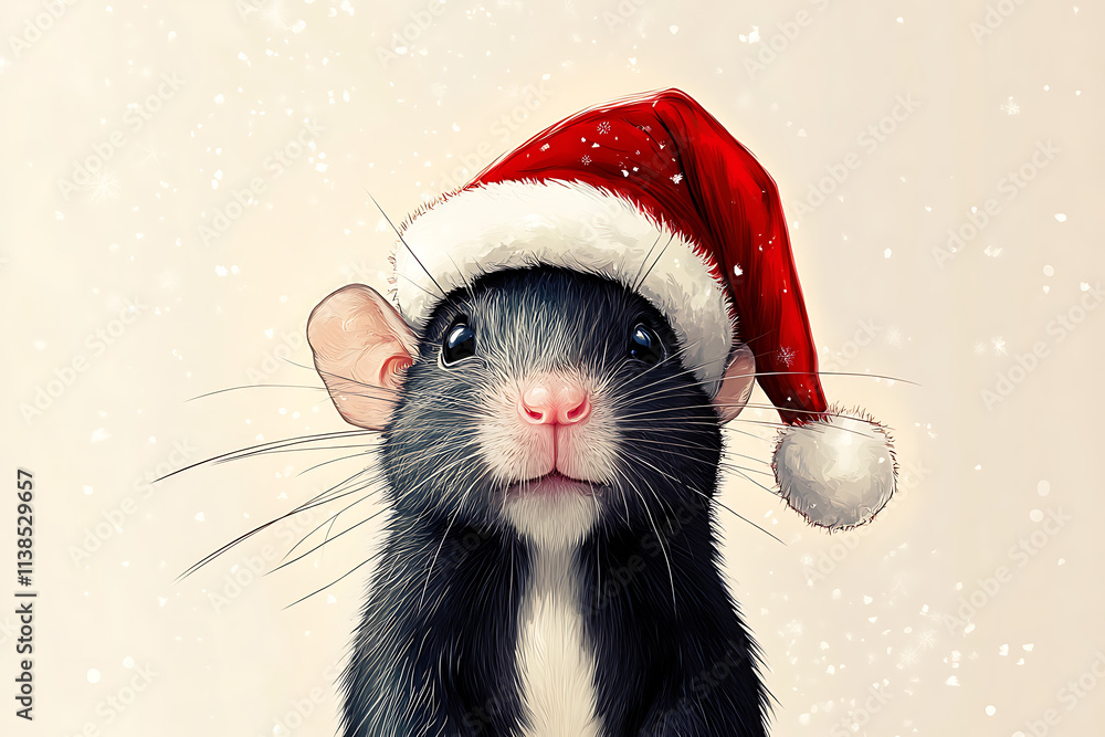 A cute rat wearing a Santa hat, surrounded by a snowy background, evoking holiday cheer. A cute rat wearing a Santa hat, surrounded by a snowy background, evoking holiday cheer.