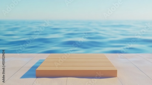 Calm Ocean Scene with Smooth Wooden Platform and Clear Blue Water