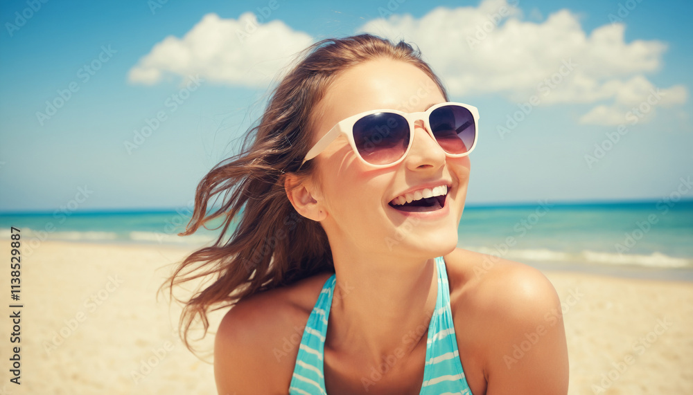 Happy beautiful young woman at the beach side, Healthy lifestyle concept with female laughing, delightful girl enjoying sunny day out, wearing sunglasses Happy beautiful young woman at the beach side, Healthy lifestyle concept with female laughing, delightful girl enjoying sunny day out, wearing sunglasses