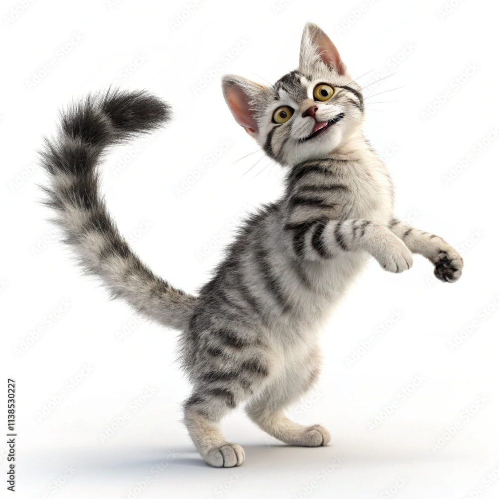 Obraz premium A playful, cartoon tabby kitten standing on its hind legs with a wide smile and paws outstretched.