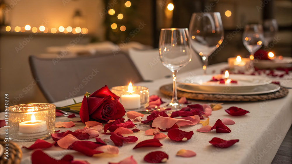 Rose petals on candlelit dinner table with soft candlelight and intimate setting Rose petals on candlelit dinner table with soft candlelight and intimate setting