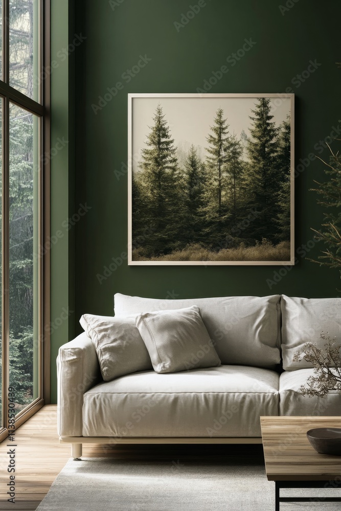 Fototapeta premium Modern living room with nature inspired decor and cozy furniture in a tranquil setting