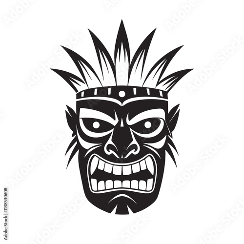 Tribal mask with fierce expression and feathered headdress.