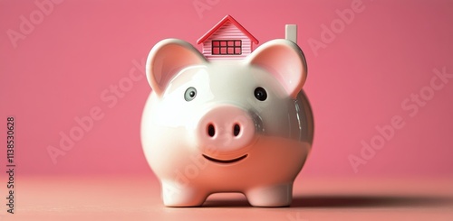 Piggy bank designed as a house on a pink background for saving money or investing in property photo