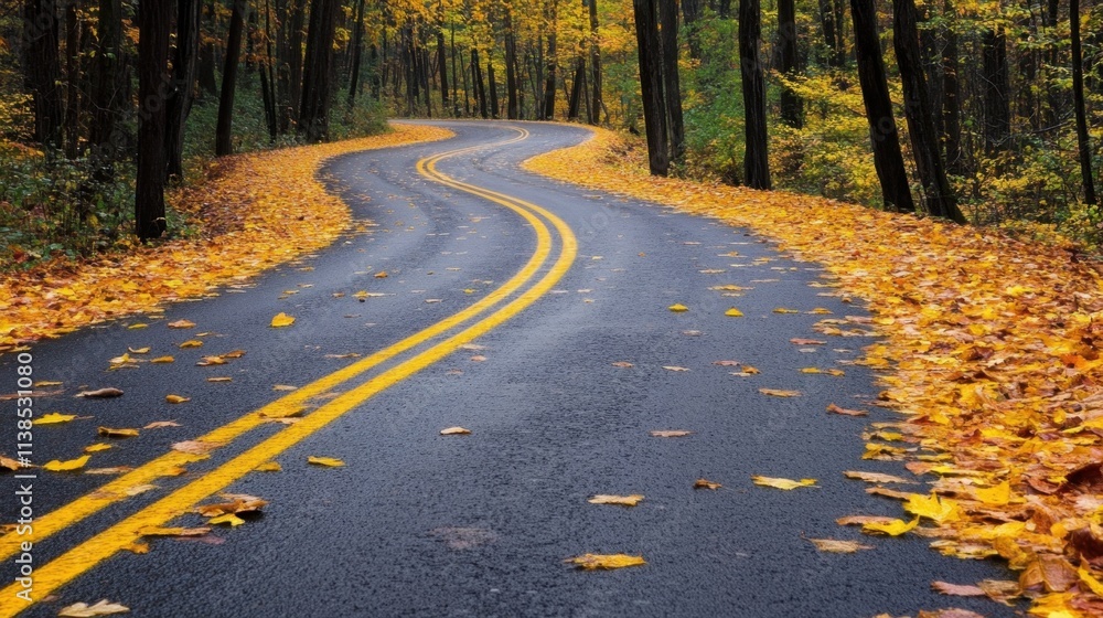 Fototapeta premium Winding Road Through Autumn Forest with Colorful Leaves on Ground
