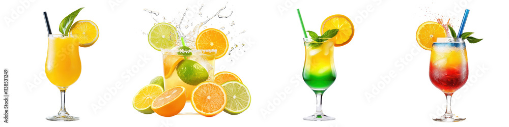 Citrus fruits concept. Colorful cocktails with fruits on a white isolated background. Citrus fruits concept. Colorful cocktails with fruits on a white isolated background.
