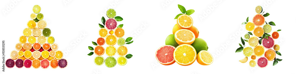 Citrus fruits concept. Colorful fruit arrangements resembling Christmas trees, white isolate background. Citrus fruits concept. Colorful fruit arrangements resembling Christmas trees, white isolate background.