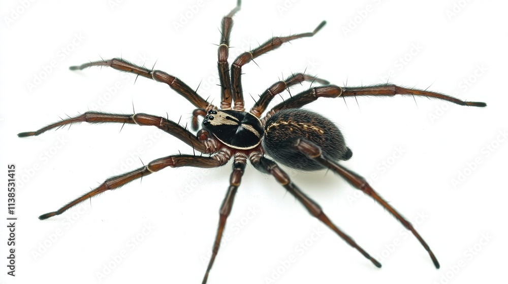 Close-up of a False Button Spider (Steatoda sp.), also known as a black cobweb spider, brown house spider, or cupboard spider, displaying its distinct features. Close-up of a False Button Spider (Steatoda sp.), also known as a black cobweb spider, brown house spider, or cupboard spider, displaying its distinct features.