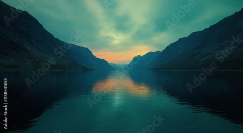 Majestic mountains reflect in tranquil water during twilight in a serene landscape