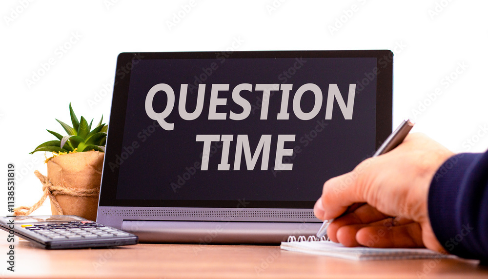 Question time symbol. Concept words Question time on beautiful black tablet. Beautiful white background. Businessman hand. Business and question time concept. Copy space. Question time symbol. Concept words Question time on beautiful black tablet. Beautiful white background. Businessman hand. Business and question time concept. Copy space.