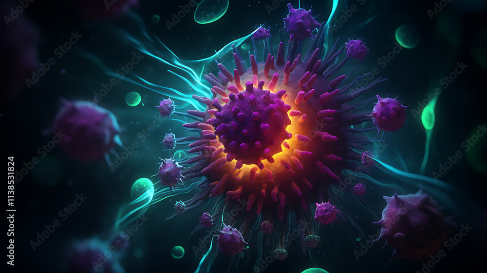 A 2D illustration of a glowing virus particle floating in a dark, ominous environment with swirling mist and vibrant neon hues. A 2D illustration of a glowing virus particle floating in a dark, ominous environment with swirling mist and vibrant neon hues.