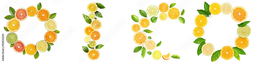 Obraz premium Citrus fruits concept. Vibrant wreath made of citrus fruits on a white isolate background.