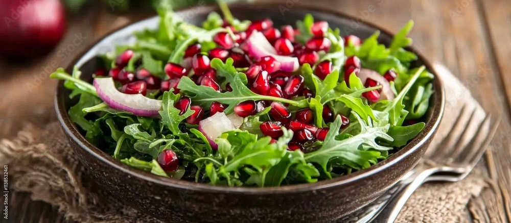 Fresh watermelon and pomegranate salad in a decorative bowl on a wooden table Fresh watermelon and pomegranate salad in a decorative bowl on a wooden table