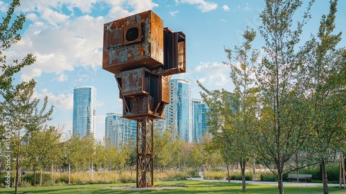 Urban park scene featuring a large, rusted metal sculpture against a backdrop of modern skyscrapers and lush greenery under a bright blue sky with scattered clouds