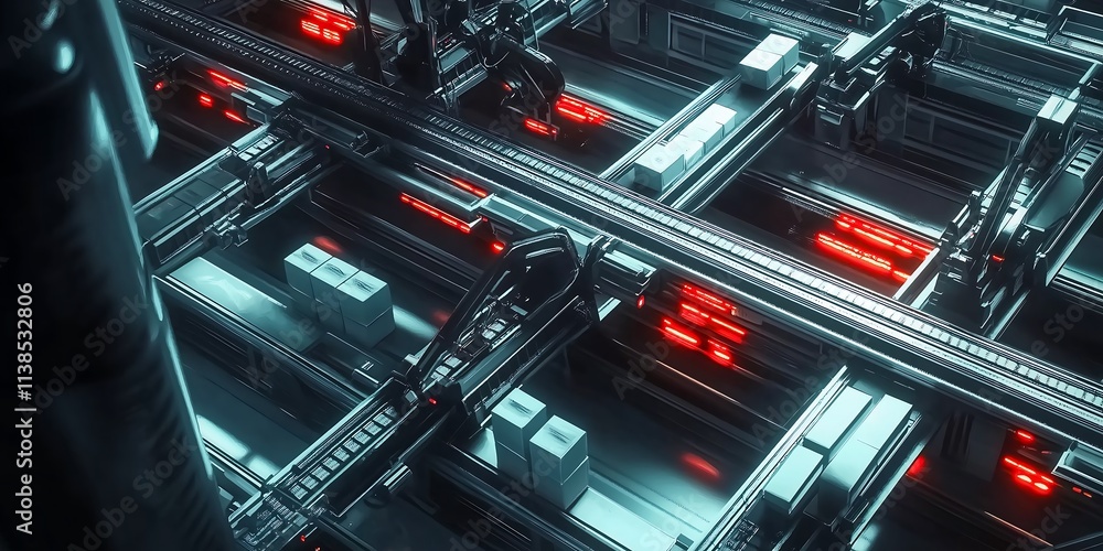 Dynamic shot of multiple conveyor belts crisscrossing in a logistics warehouse, with packages neatly labeled and robotic arms in actio Dynamic shot of multiple conveyor belts crisscrossing in a logistics warehouse, with packages neatly labeled and robotic arms in actio