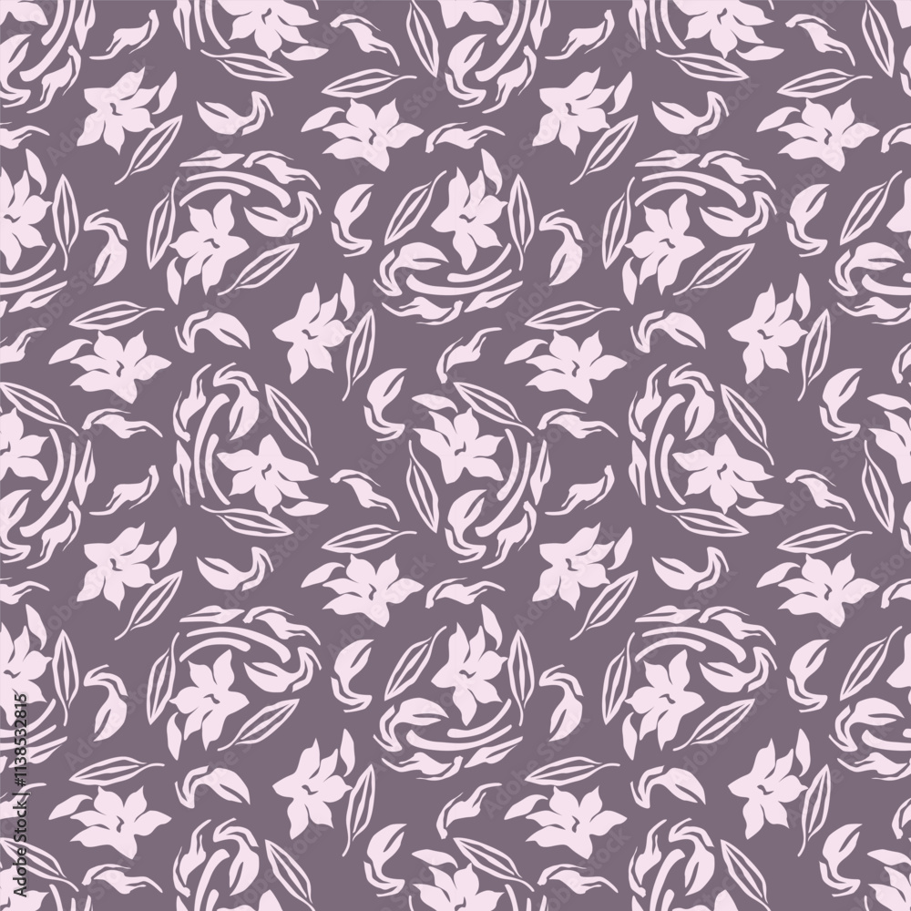 Seamless floral pattern, cute ditsy print with small pink flowers, leaves on purple background. Pretty botanical design for fabric, paper and other surfaces. Vector illustration. Seamless floral pattern, cute ditsy print with small pink flowers, leaves on purple background. Pretty botanical design for fabric, paper and other surfaces. Vector illustration.