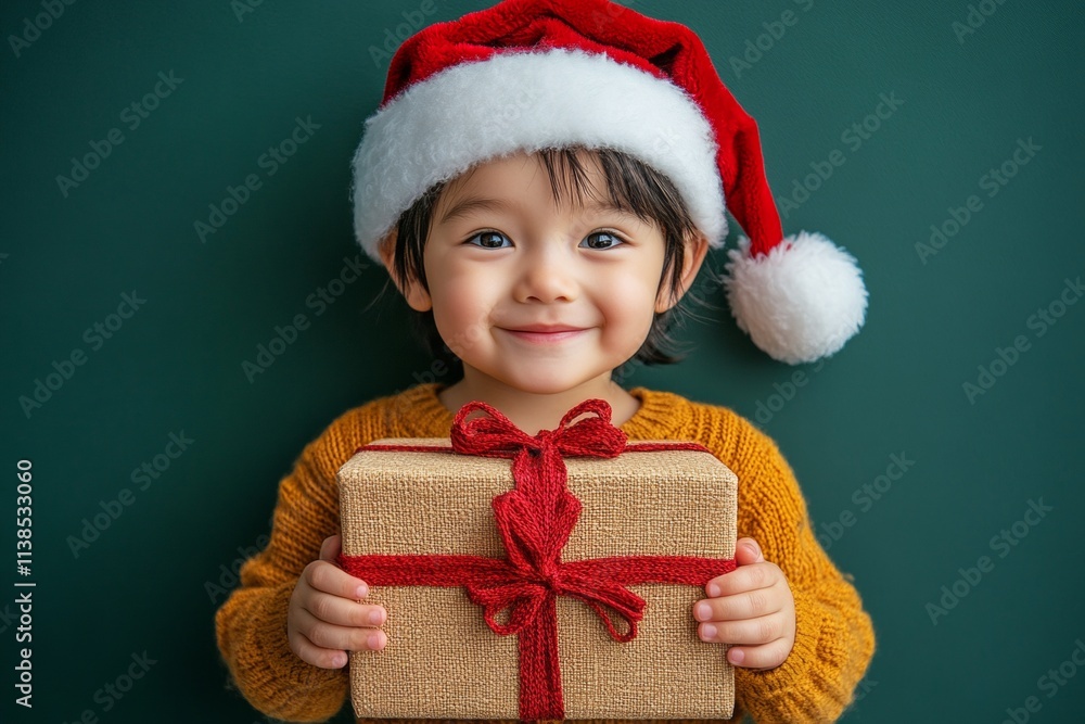 Isolated white asian toddler boy in red santa cap with christmas season box in hands, on green background. Copyspace. Green christmas magic. Professional santa setup. Green holiday magic. Isolated white asian toddler boy in red santa cap with christmas season box in hands, on green background. Copyspace. Green christmas magic. Professional santa setup. Green holiday magic.