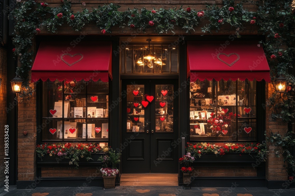 A store front with red awnings and hearts on the windows A store front with red awnings and hearts on the windows