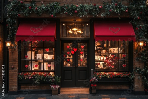 A store front with red awnings and hearts on the windows photo