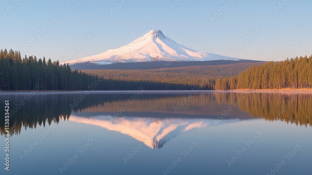 Majestic Snow-Capped Mountain Reflecting in Tranquil Lake at Dawn Majestic Snow-Capped Mountain Reflecting in Tranquil Lake at Dawn
