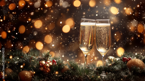 Two glasses with champagne wine background with blur glitter light bokeh effect. Celebrating New Year and Christmas