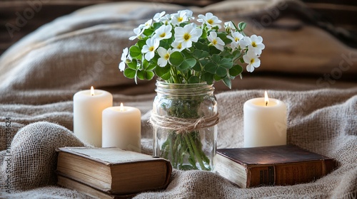 A clover-filled mason jar vase on a burlap cloth, with antique books and candles creating a cozy rustic vibe photo