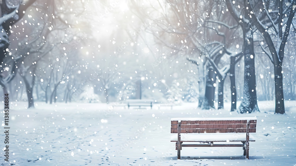 Snow falling gently on an empty park bench, with snow-covered trees in the background. Snow falling gently on an empty park bench, with snow-covered trees in the background.