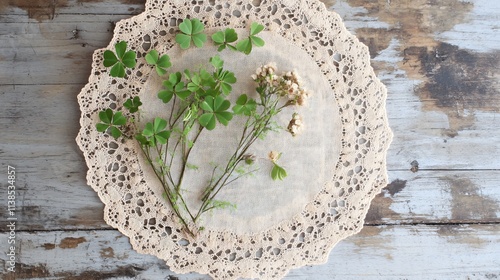 A delicate arrangement of clover leaves and dried flowers on a vintage lace doily with a wooden backdrop photo