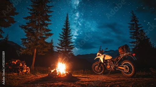 Camping Under Stars: A Motorcycle by the Cozy Campfire