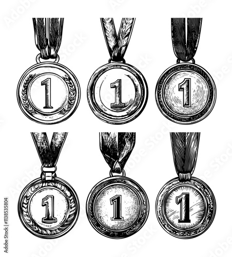 Champion medals engraving vector set. Metal badge ribbon first place winner trophy achievement competition sport prize round number one award, hand drawn ink sketch isolated on white background