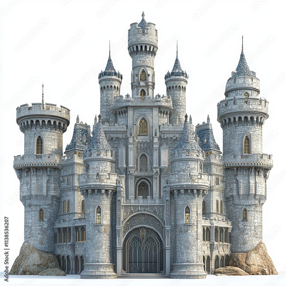 Fototapeta premium A grand castle with tall towers, stone walls, and intricate details on a white background