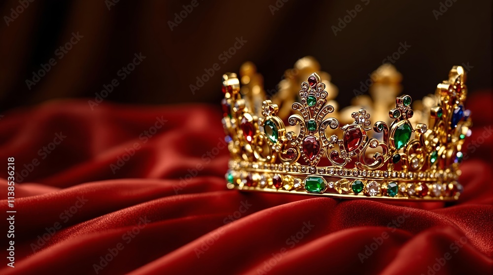 Golden crown with jewels on red velvet, royal splendor Golden crown with jewels on red velvet, royal splendor