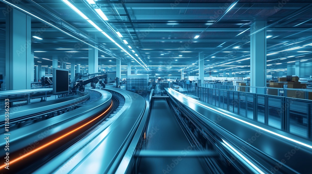 Wide-angle view of an eCommerce logistics facility featuring automated systems sorting packages, robotic arms, and dynamic movement Wide-angle view of an eCommerce logistics facility featuring automated systems sorting packages, robotic arms, and dynamic movement