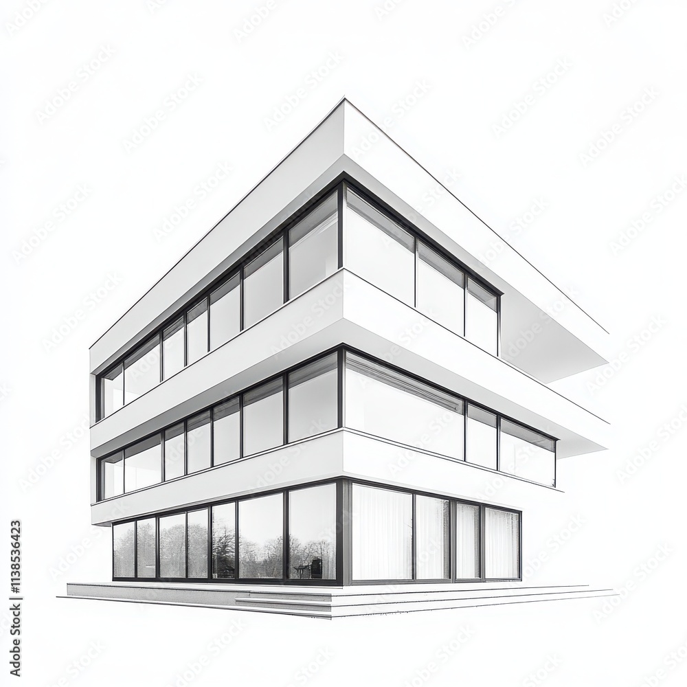 A minimalist cube-shaped building with large windows and a flat roof on a white background A minimalist cube-shaped building with large windows and a flat roof on a white background