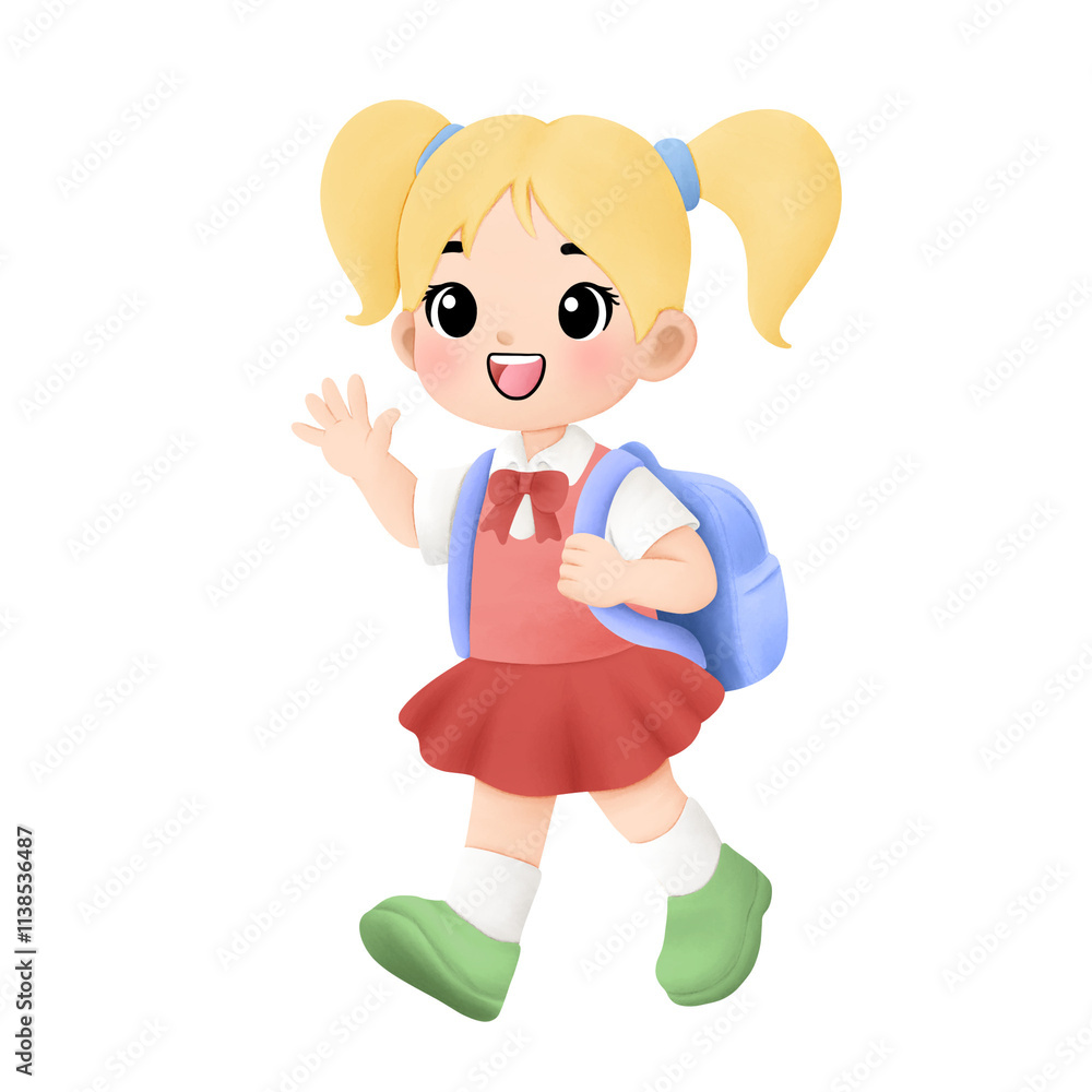Watercolor illustration of happy kid going to school Watercolor illustration of happy kid going to school