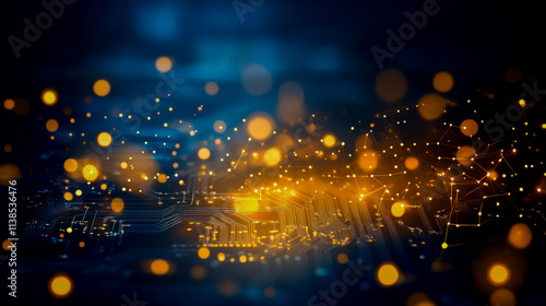 Digital Technology Background with Circuit Board and Glowing Lights photo