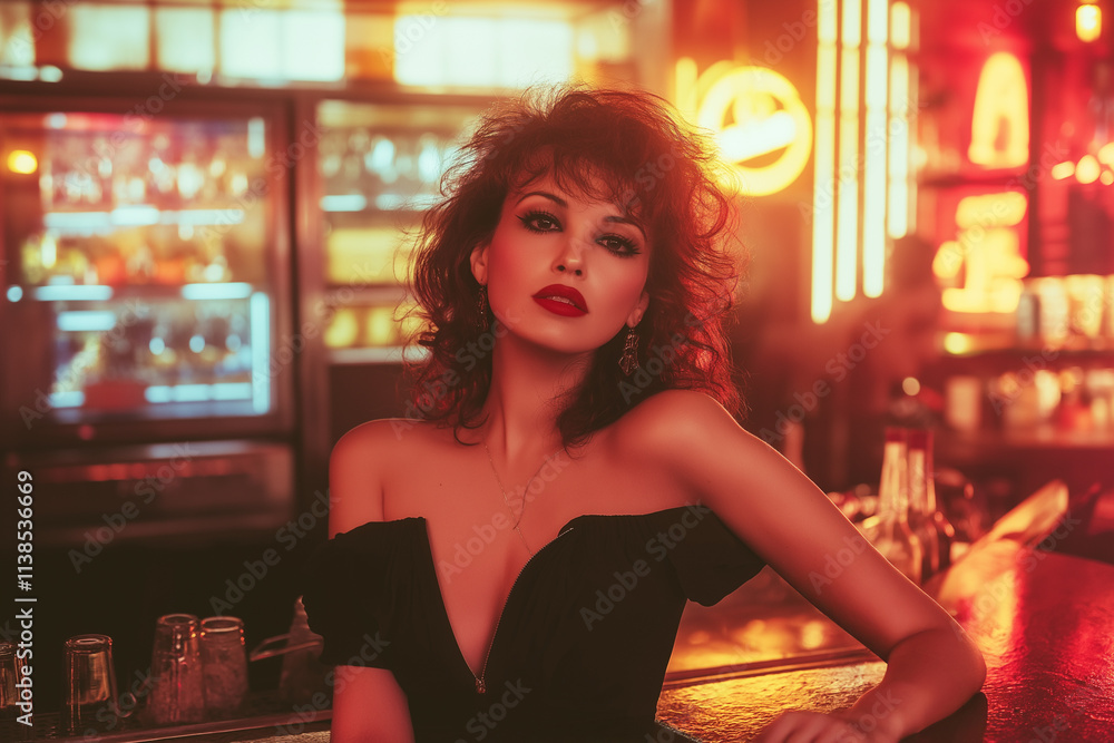 Fototapeta premium Woman in bold 1980s fashion stands confidently in a retro bar scene