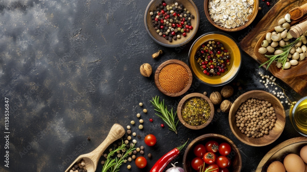 Top view of fresh vegetables, grains, and spices on dark background Top view of fresh vegetables, grains, and spices on dark background