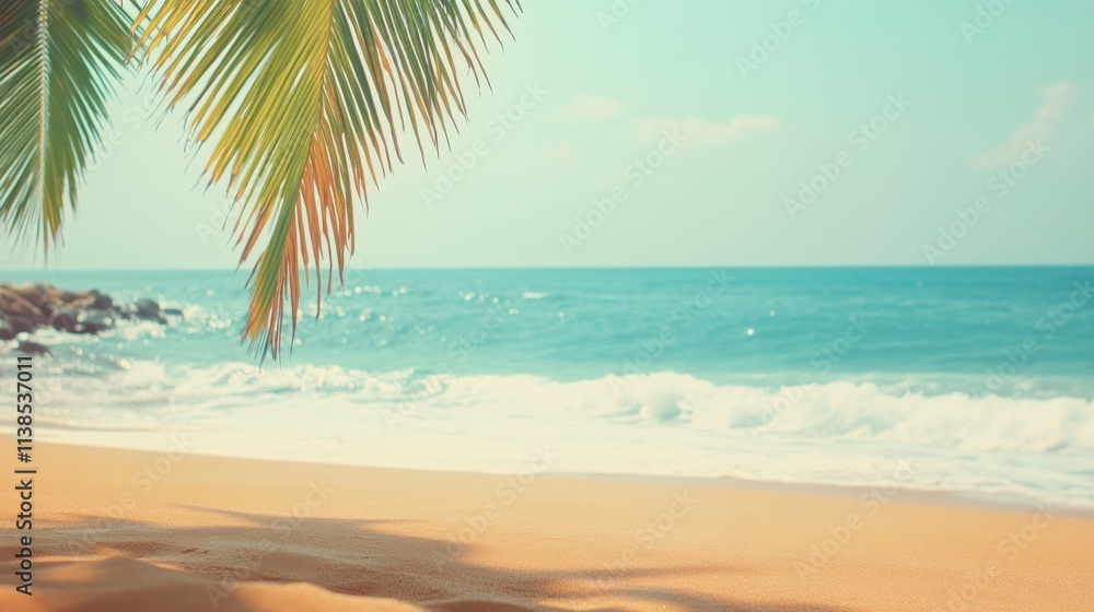 Serene Tropical Beach with Palm Trees and Gentle Ocean Waves in Sunlight Serene Tropical Beach with Palm Trees and Gentle Ocean Waves in Sunlight